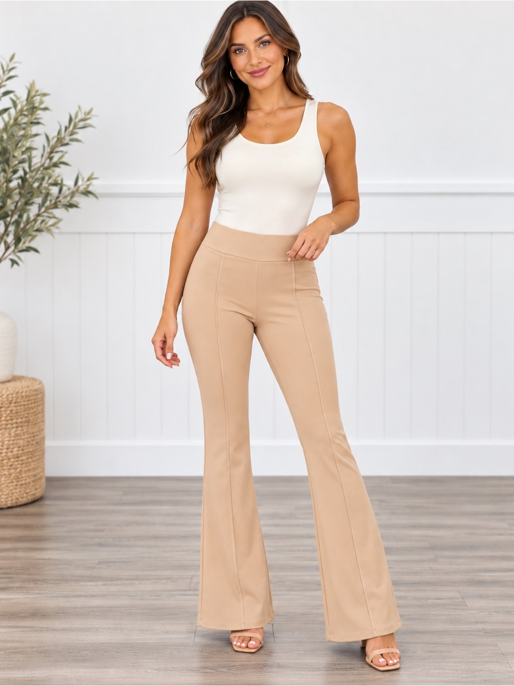 High-Waist Flared Ponte Pants in Camel